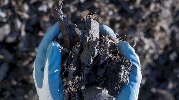 selective-focus-shot-person-wearing-gloves-holding-shredded-rubber-tires